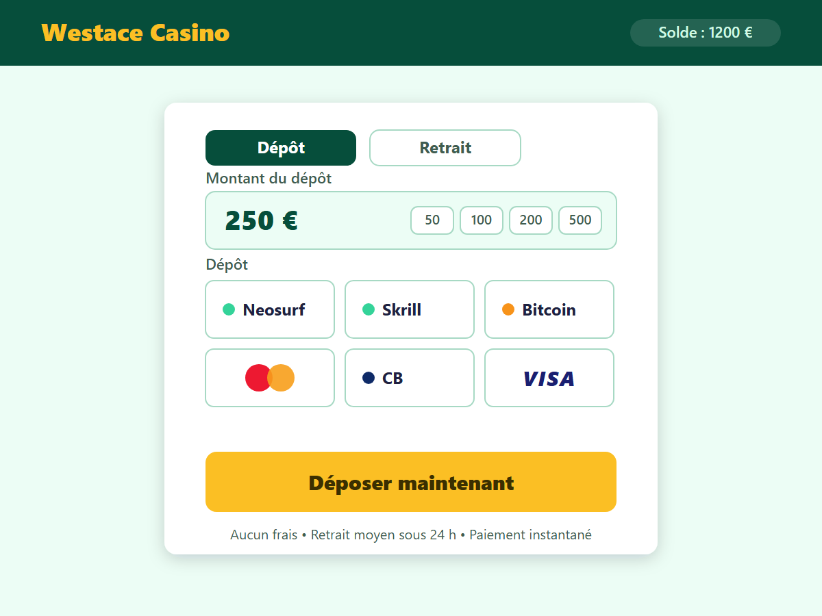 Page de dépôt Westace Casino — méthodes de paiement
