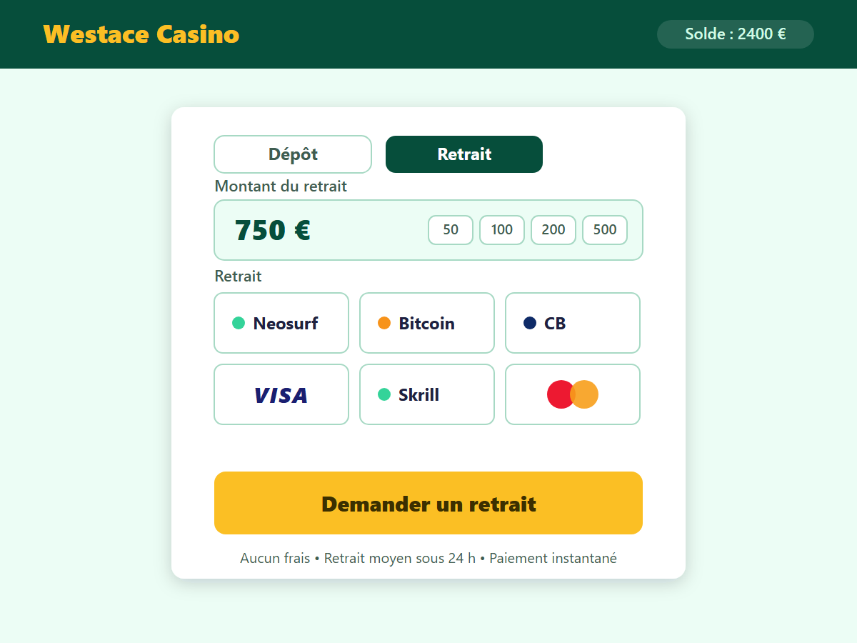 Page de dépôt Westace Casino — méthodes de paiement